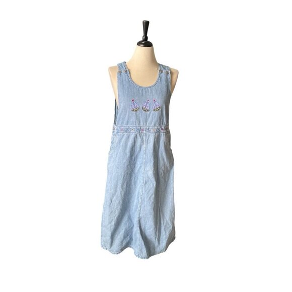 Christopher & Banks Womens Light Denim Jumper Dress W/ Embroidered Sailboats & F - Picture 1 of 16